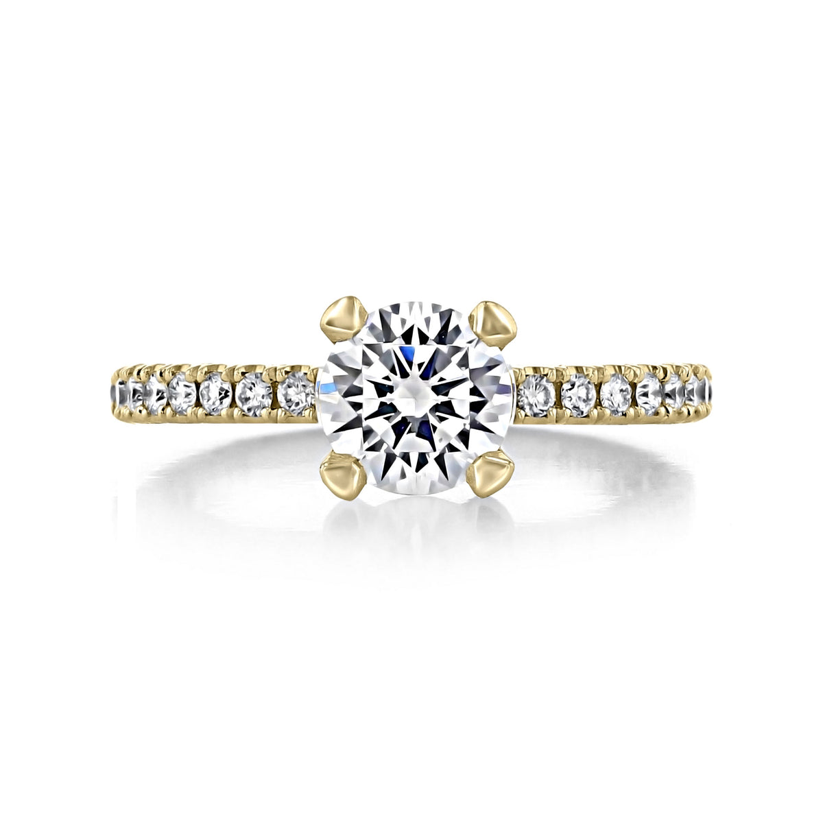 A yellow gold Tacori Petite Crescent | Round Solitaire Engagement Ring - HT2545RD7Y featuring a round brilliant cut solitaire diamond held by four prongs, with a pavé-set diamond band.