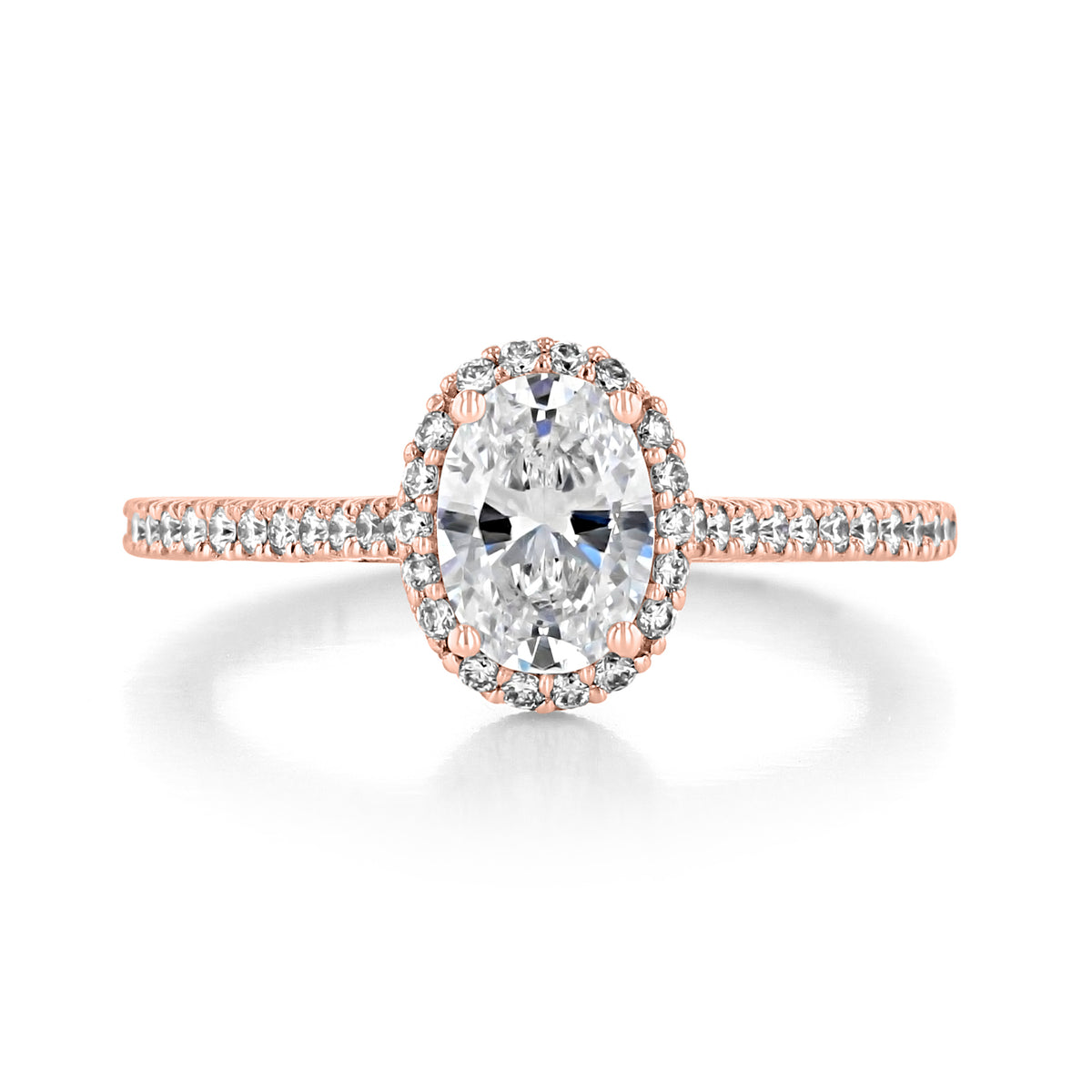 Tacori Petite Crescent | Oval Solitaire Engagement Ring - HT254715OV75X55PK in rose gold with an oval-cut diamond center, a halo, and a band encrusted with micro pavé diamonds.