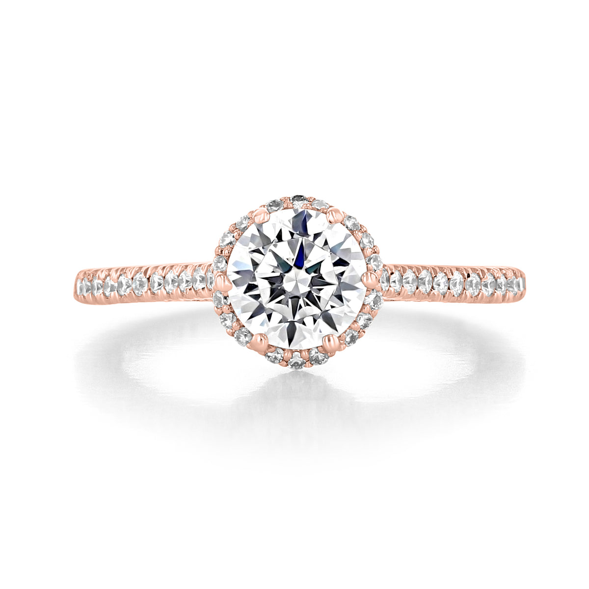 Tacori Petite Crescent | Round Solitaire Engagement Ring - HT254715RD65PK featuring a round solitaire diamond with a diamond halo on a pavé rose gold band.