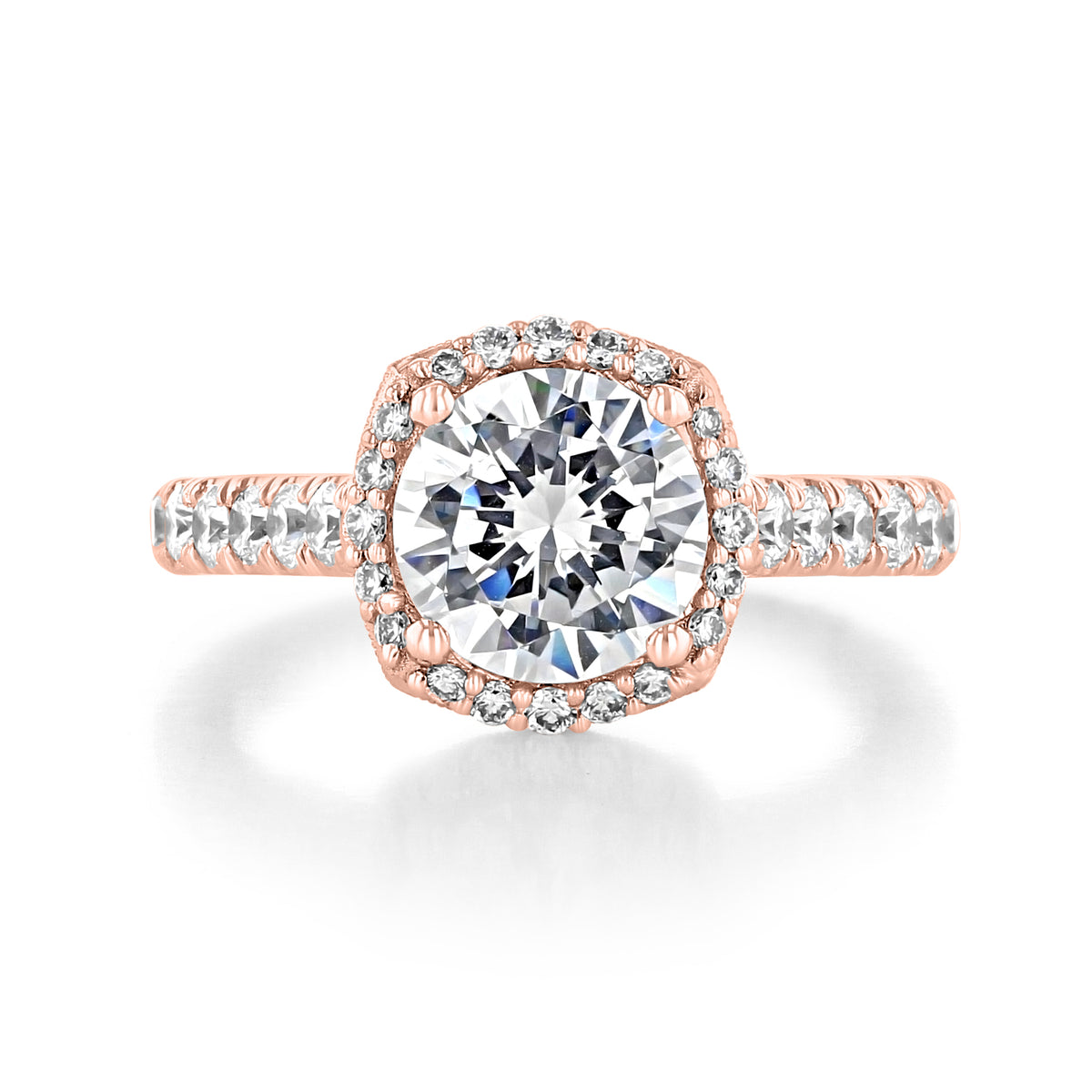 A cushion-cut solitaire diamond ring, the Petite Crescent | Cushion Solitaire Engagement Ring - HT254725CU8PK, set in a rose gold Tacori band with pavé diamonds along the shank and halo.