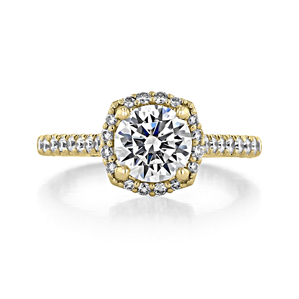 Petite Crescent | Cushion Solitaire Engagement Ring - HT2547CU7Y with a diamond bloom halo and pavé-set diamonds on a yellow gold band.