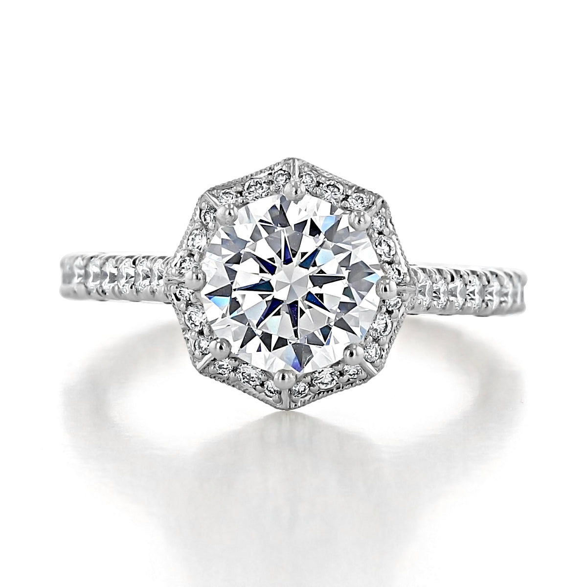 Petite Crescent | Round Bloom Engagement Ring - HT2555RD8 featuring a round brilliant-cut center stone, an octagon bloom halo, and a diamond-encrusted band.