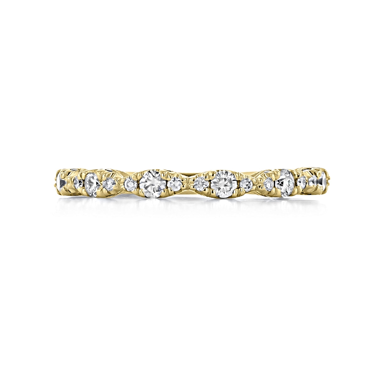 Yellow gold Petite Crescent | Wedding Band - HT2558B12Y featuring a series of alternating round diamonds in shared-prong, marquise-shaped settings.