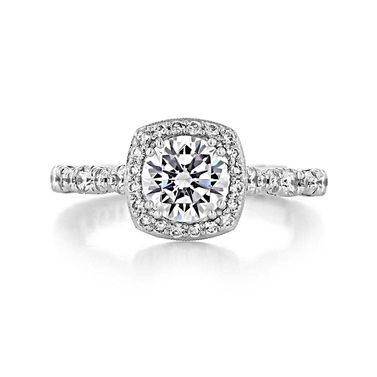 Petite Crescent | Cushion Solitaire Engagement Ring - HT2560CU65W featuring a cushion-cut solitaire diamond with a halo and pavé-set band on a silver-tone metal setting.