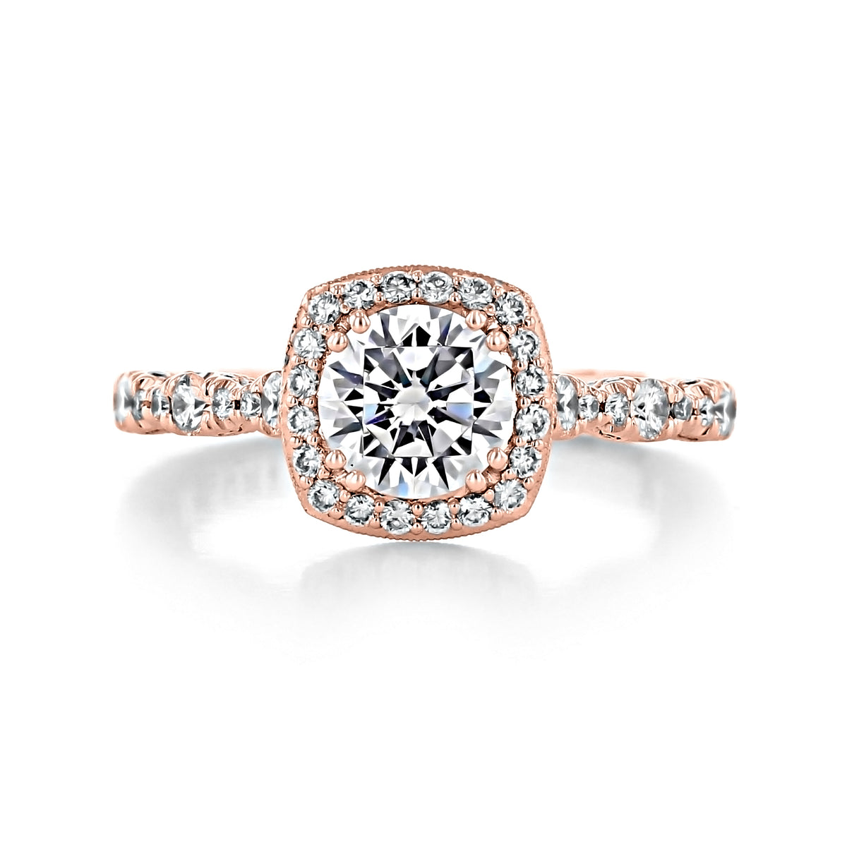 Tacori Petite Crescent | Cushion Solitaire Engagement Ring - HT2560CU65PK in rose gold, featuring a cushion-cut diamond, a halo, and pavé-set diamonds along the band.