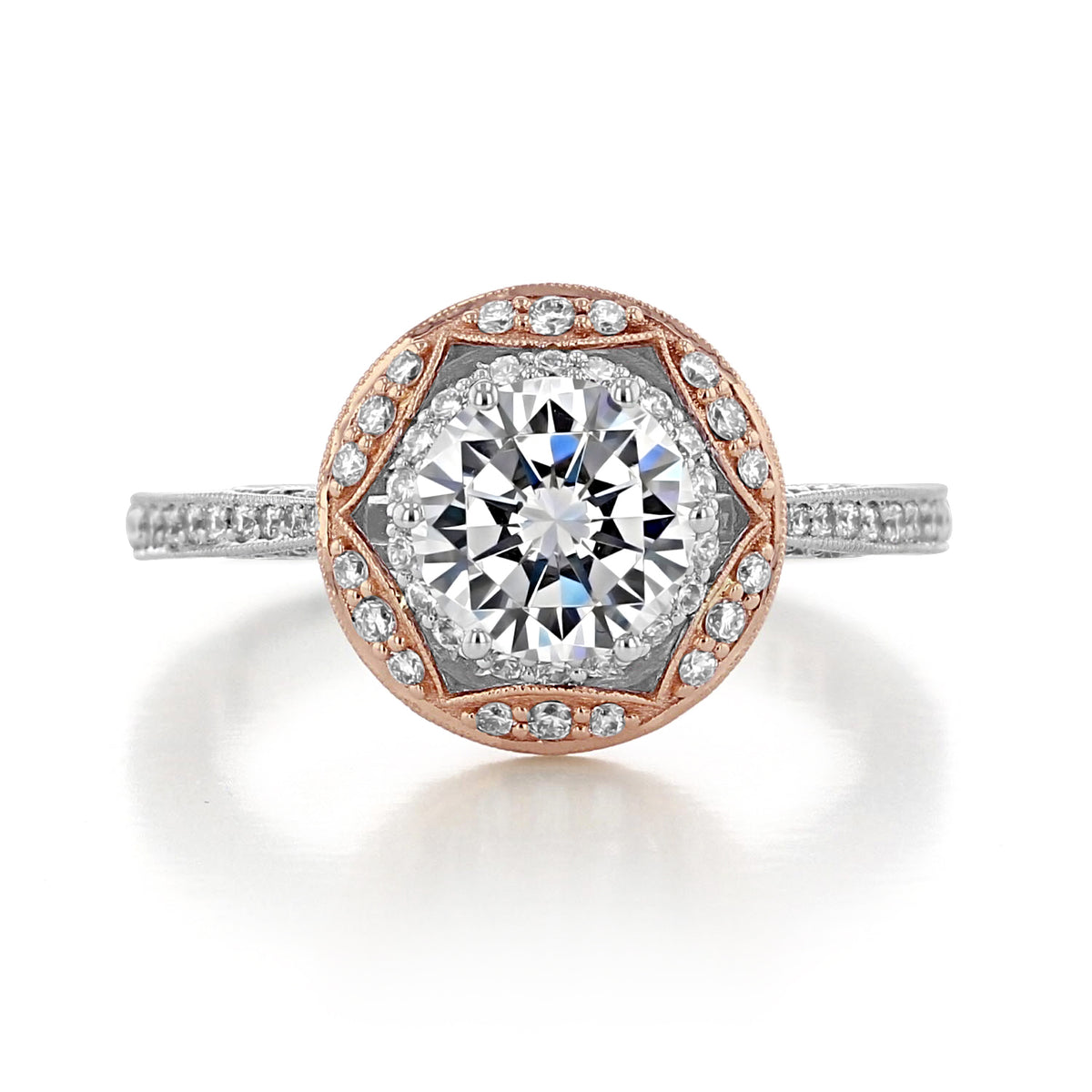 Tacori Crescent Chandelier | Round Pavé Engagement Ring - HT2570RD7W featuring a round diamond, a rose gold hexagonal halo, pavé-set diamonds on an 18k white gold band, and intricate metal detailing.