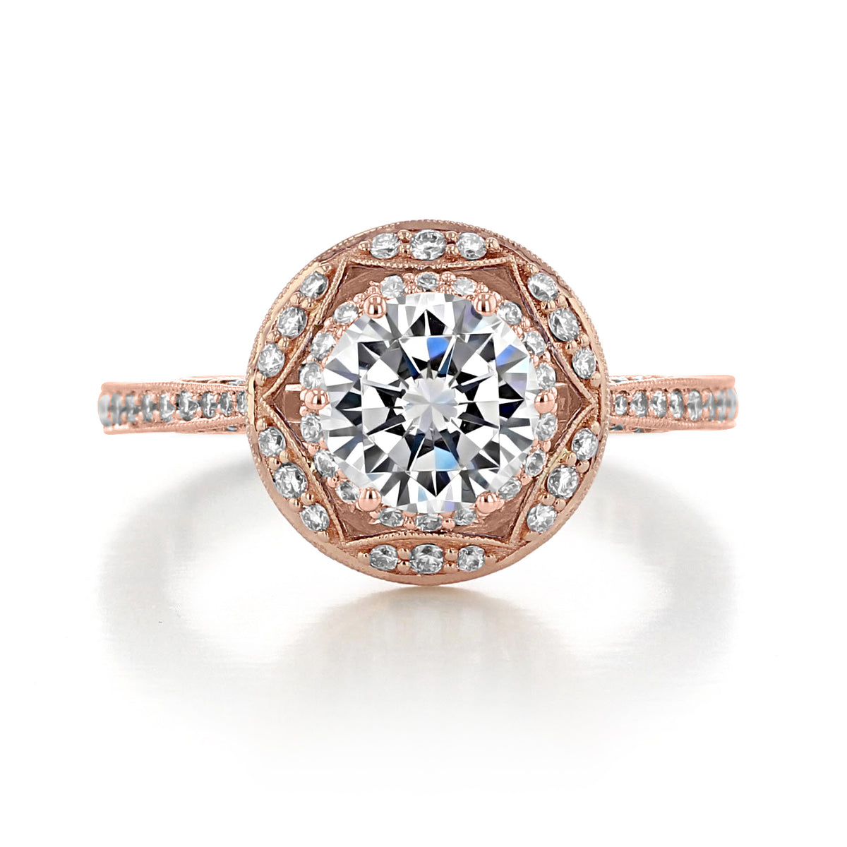 Tacori Crescent Chandelier | Round Pavé Engagement Ring - HT2570RD7PK featuring a round brilliant-cut diamond in 18k rose gold with a pavé-set halo and intricate filigree detailing.