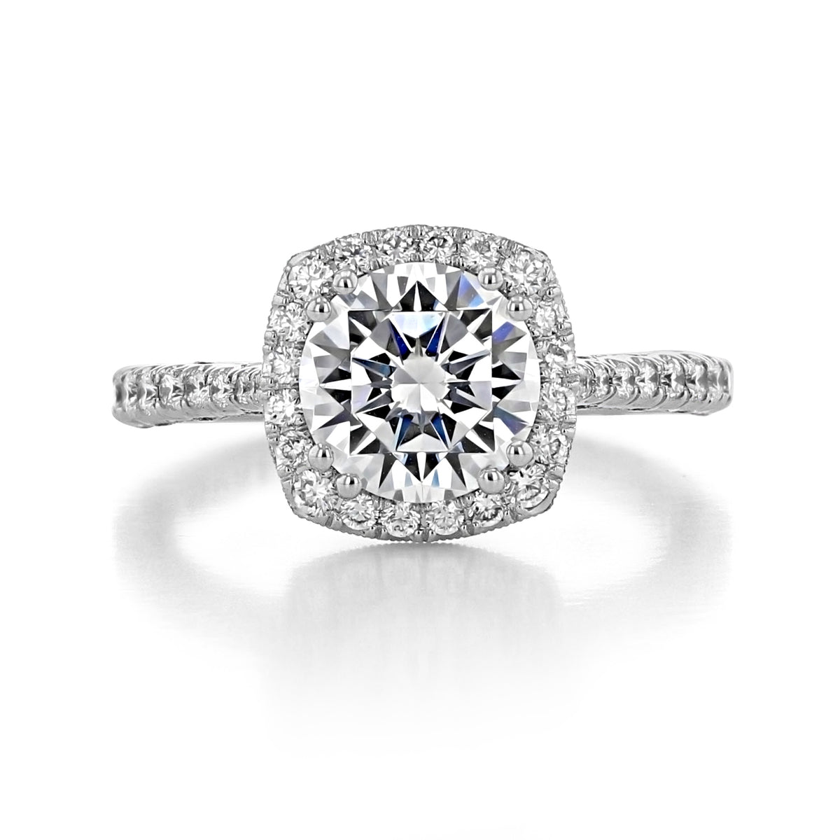 Tacori Petite Crescent | Cushion Bloom Engagement Ring - HT2571CU75W featuring a round center stone surrounded by a cushion-shaped bloom of diamonds on a diamond-set band.