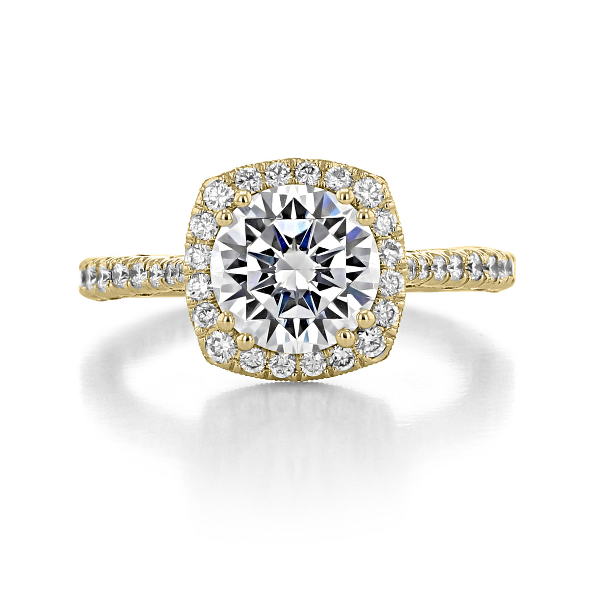 Yellow gold Petite Crescent | Cushion Bloom Engagement Ring - HT2571CU75Y featuring a round center stone set in a cushion-shaped bloom and a diamond-encrusted band.