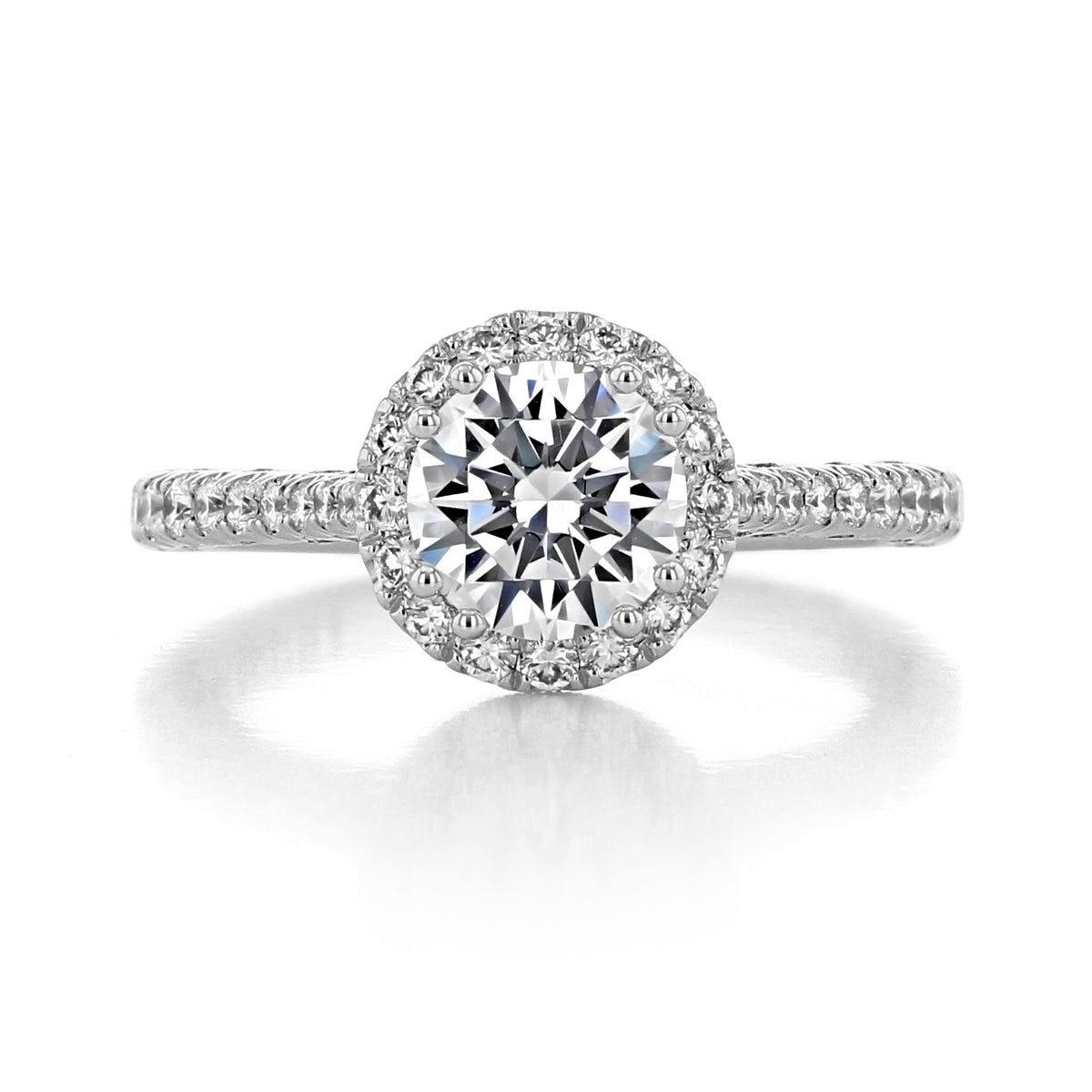 Petite Crescent | Round Bloom Engagement Ring - HT2571RD7W featuring a round-cut diamond halo and an 18k white gold pavé-set band.