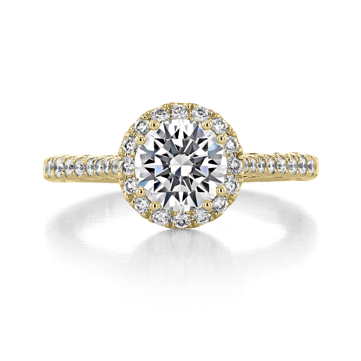 Yellow gold Petite Crescent | Cushion Bloom Engagement Ring - HT2571CU8Y featuring a cushion-shaped halo of diamonds surrounding a round center stone and a diamond-encrusted band with a Dantela lace basket.