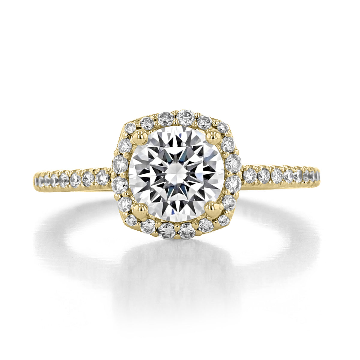Tacori Petite Crescent | Cushion Pavé Engagement Ring - HT257215CU7Y featuring a round center stone set in a cushion-shaped bloom, accented by micro-prong diamonds along the gold band.