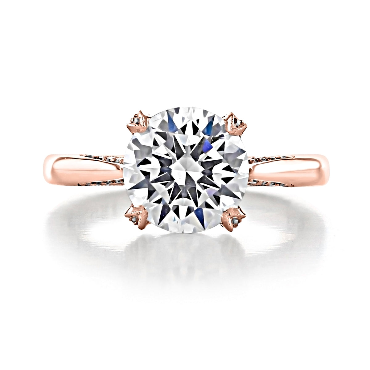 RoyalT | Round Solitaire Engagement Ring - HT2625RD9PK featuring a 3 carat round diamond on a rose gold band with detailed prongs and hidden diamond accents.