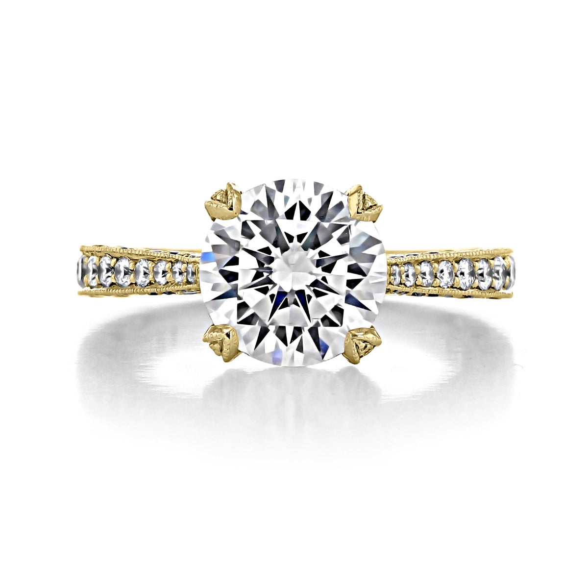 RoyalT | Round Pavé Engagement Ring - HT2626RD9Y featuring a round cut diamond solitaire on a pavé-set yellow gold band.
