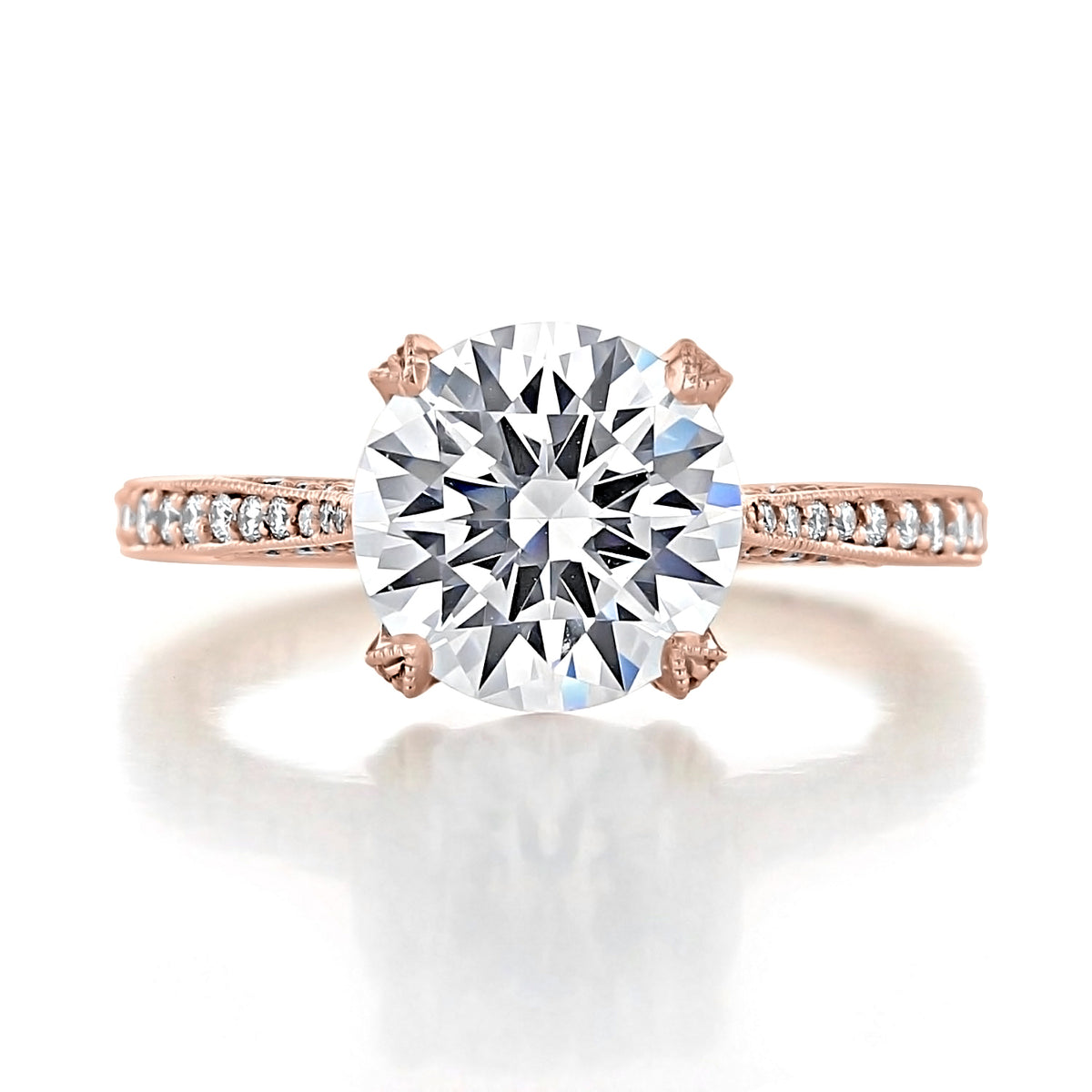 RoyalT | Round Pavé Engagement Ring - HT2627RD9PK featuring a round solitaire diamond with pavé-set side stones on a rose gold band.