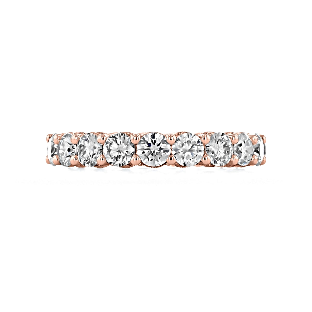 Tacori RoyalT HT2632W65PK wedding band in 18k rose gold, featuring a continuous row of round brilliant-cut diamonds.