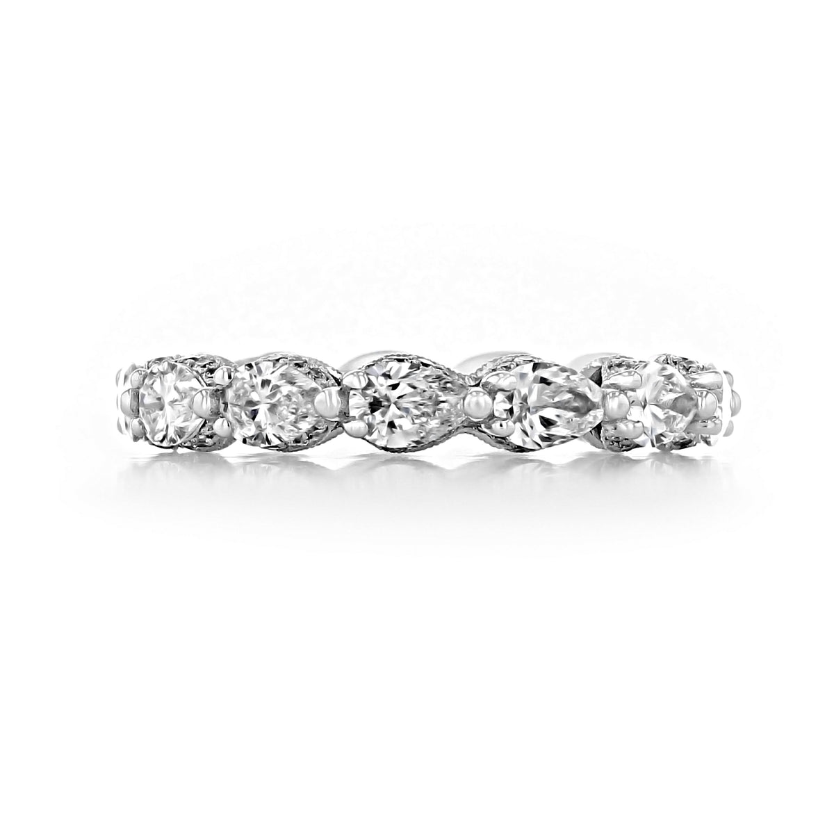 A RoyalT | Wedding Band - HT2642W65 platinum wedding band featuring a series of marquise-cut stones in a Tacori crescent design.