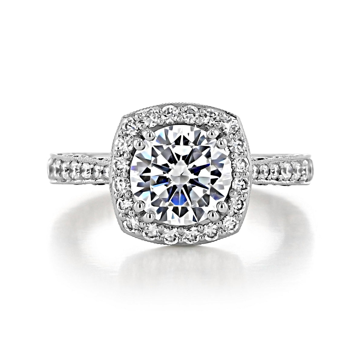 RoyalT | Cushion Pavé Engagement Ring - HT2650CU8 featuring a cushion-shaped halo design with a round center stone, a pavé halo, and a diamond-encrusted band with pavé-set diamonds.