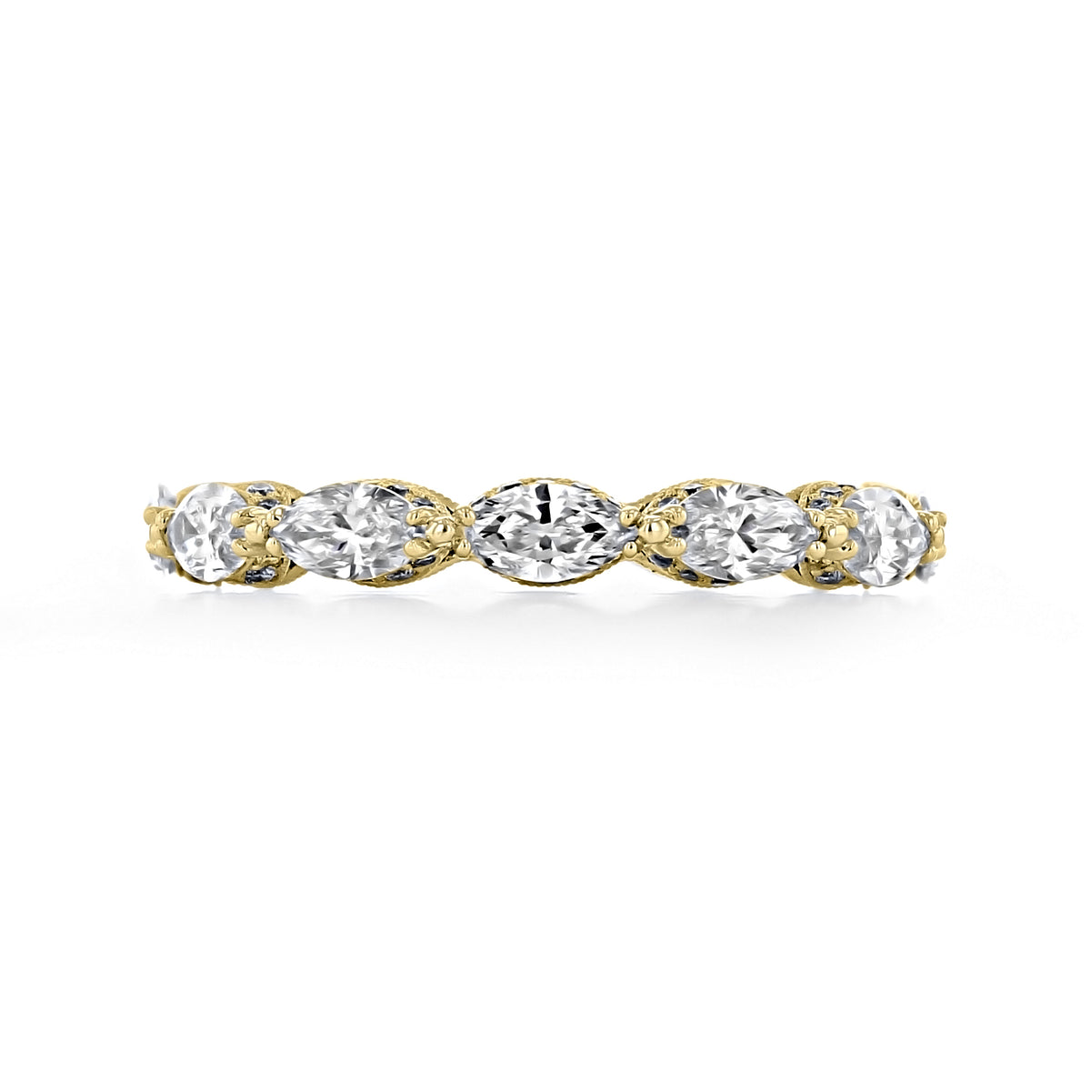 Tacori RoyalT HT2660W65Y wedding band in yellow gold featuring a row of five marquise-cut diamonds.