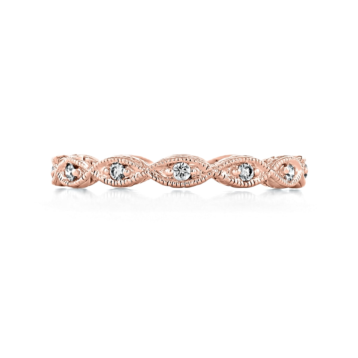 Marlena | Marquise Pavé-Set Diamond Wedding Band in rose gold featuring a series of marquise-shaped links, each set with a pavé-set diamond and detailed with milgrain edges.