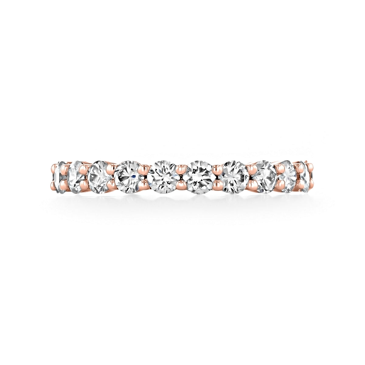 Lucerra | Shared Prong Diamond Eternity Band in 14k rose gold, featuring a continuous row of round diamonds held by shared prongs.