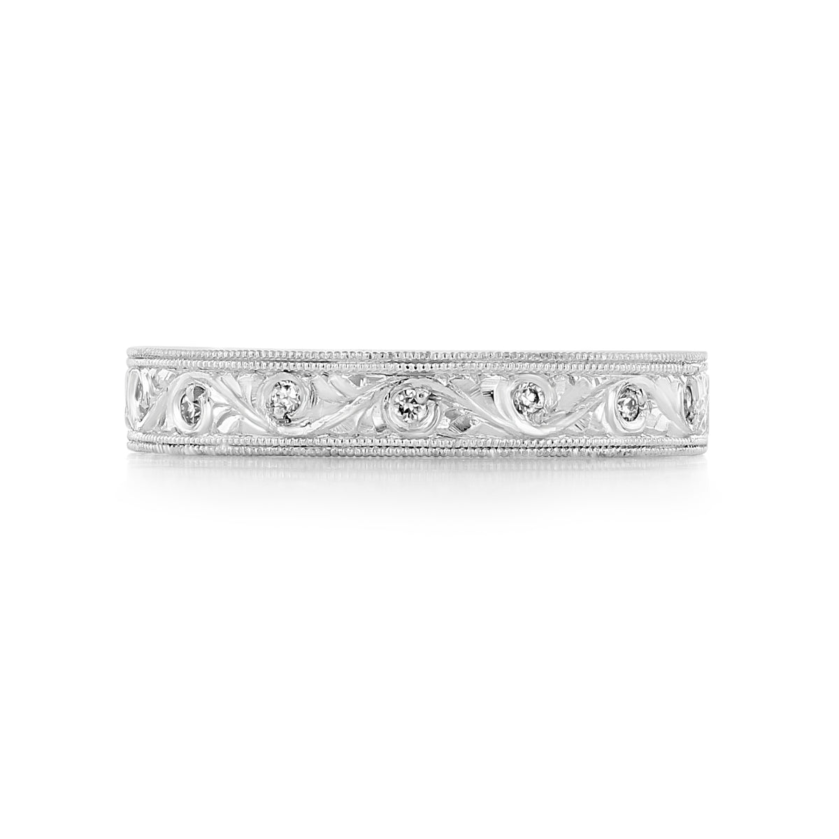 Florencia 3.75mm Engraved Pavé-Set Diamond Wedding Band in 18k white gold with milgrain edges, vintage-style scroll engravings, and pavé-set diamonds.