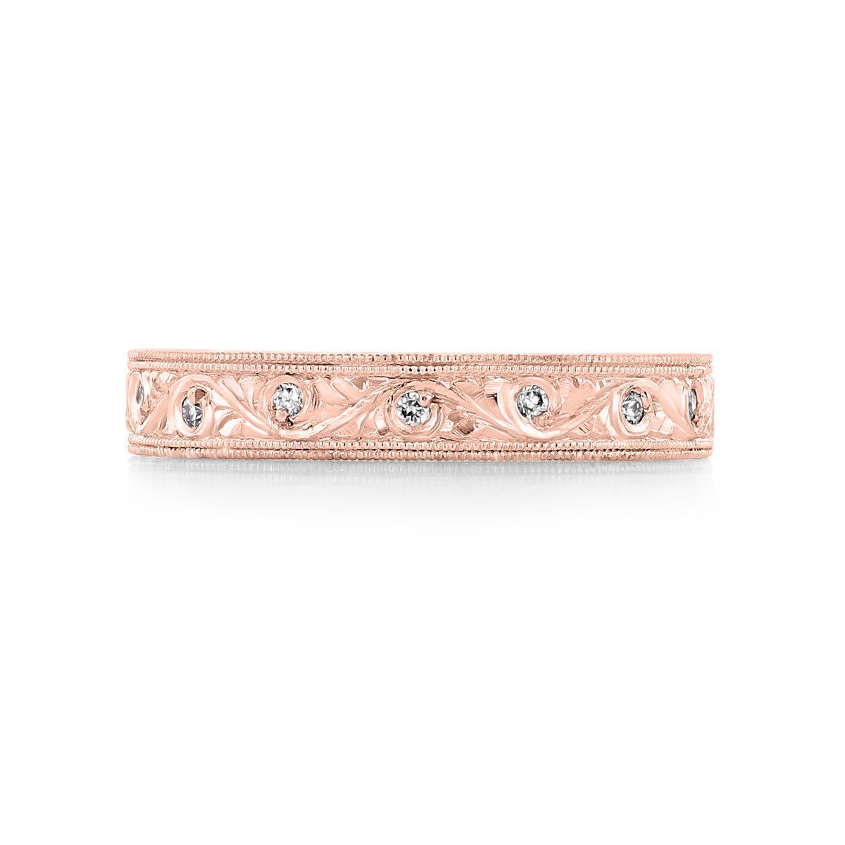 Florencia 3.75mm Engraved Pavé-Set Diamond Wedding Band in 18k rose gold featuring vintage-inspired scroll engravings and pavé-set diamonds.