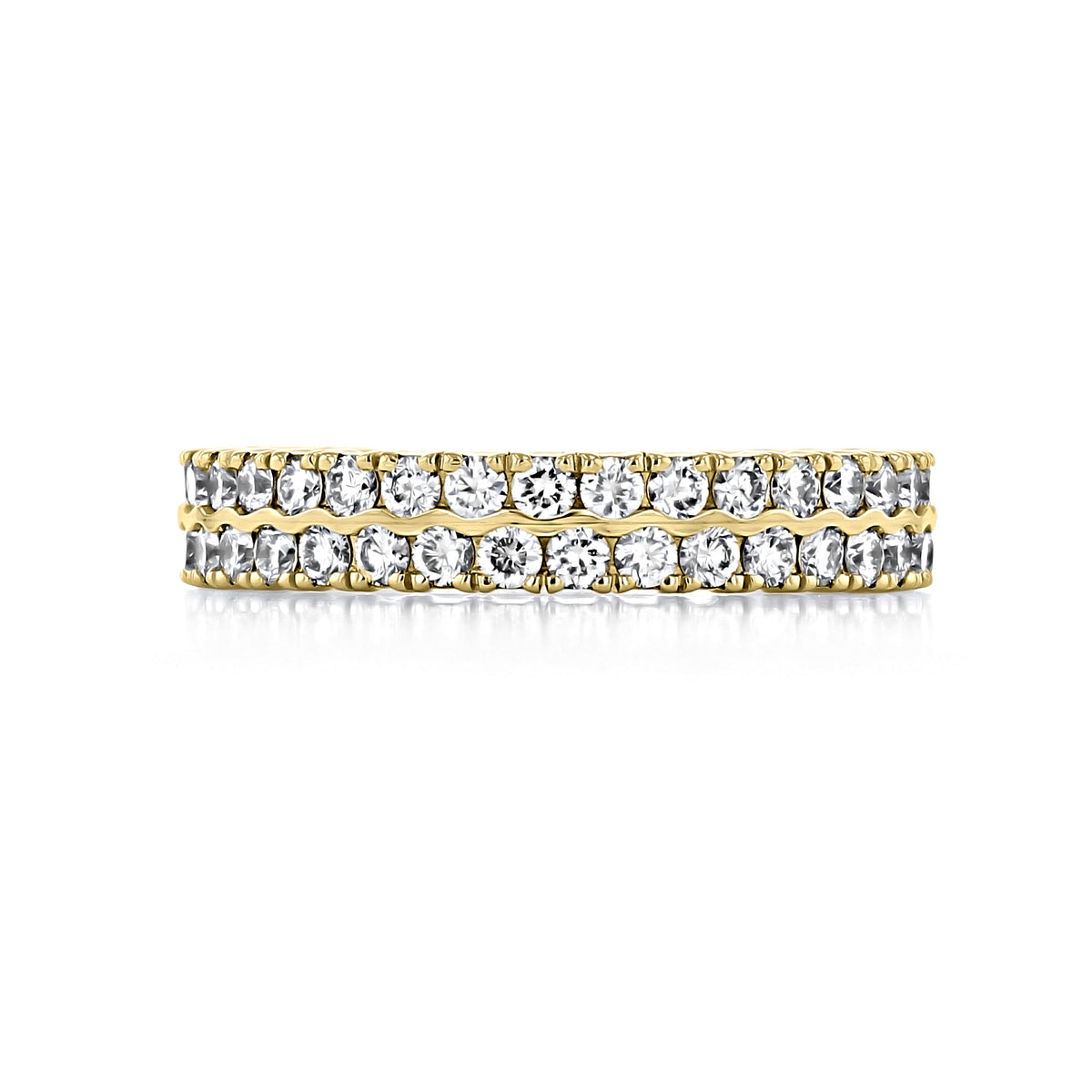 The Nadia | 3.8mm Double Row Diamond Wedding Band by Icing On The Ring is a gold wedding band featuring two parallel rows of pavé-set diamonds.