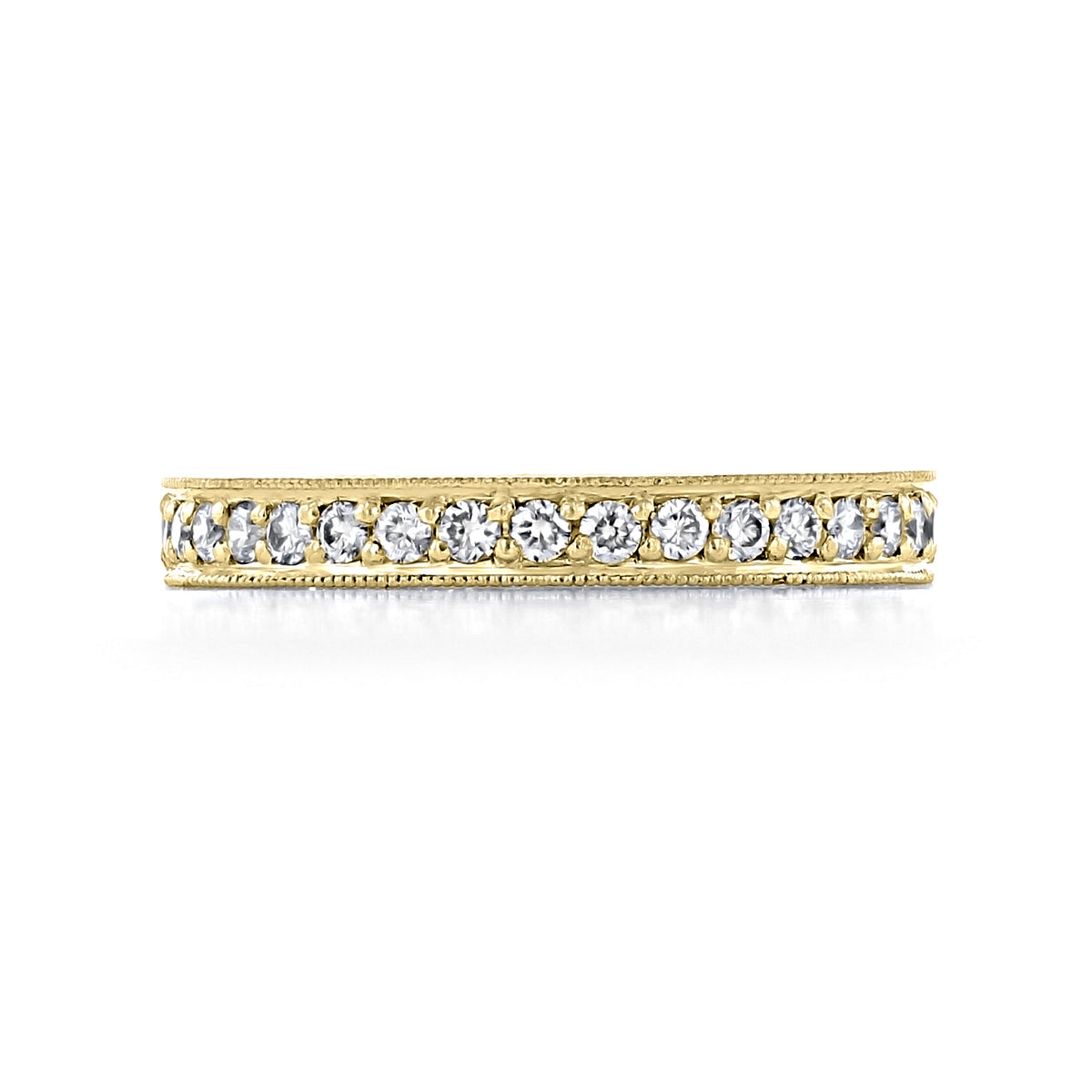 Sabina 2.70mm Engraved Pavé-Set Diamond Wedding Band in 18k yellow gold, featuring a row of pavé-set diamonds with engraved milgrain edges.