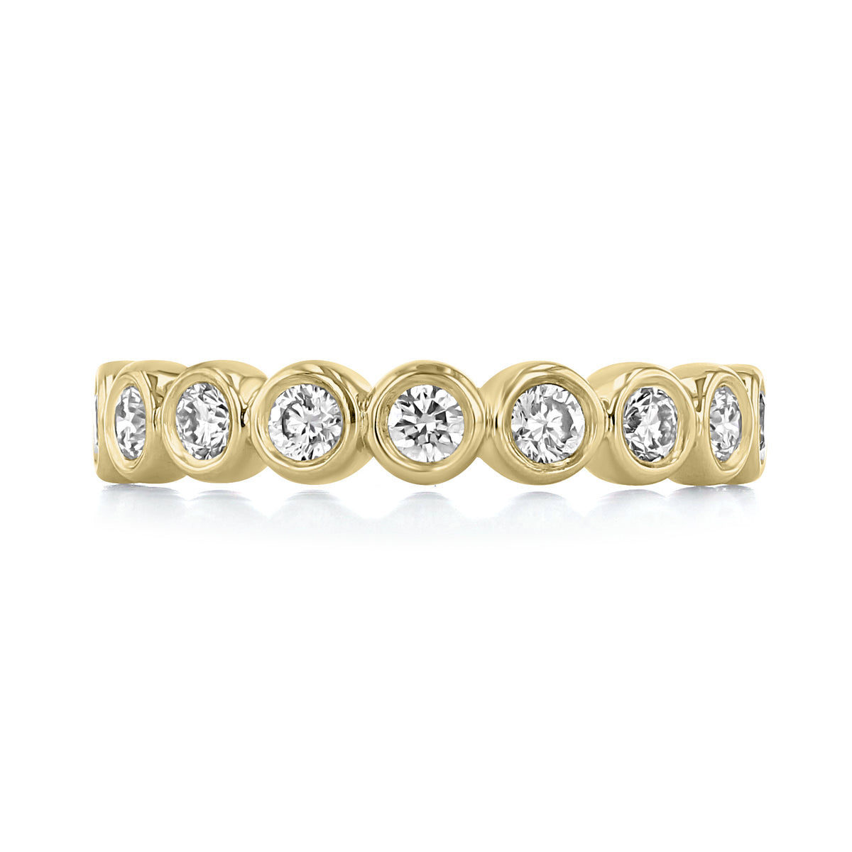 Monroe | Bezel-Set Diamond Wedding Band in 14k yellow gold featuring a row of round, bezel-set diamonds.
