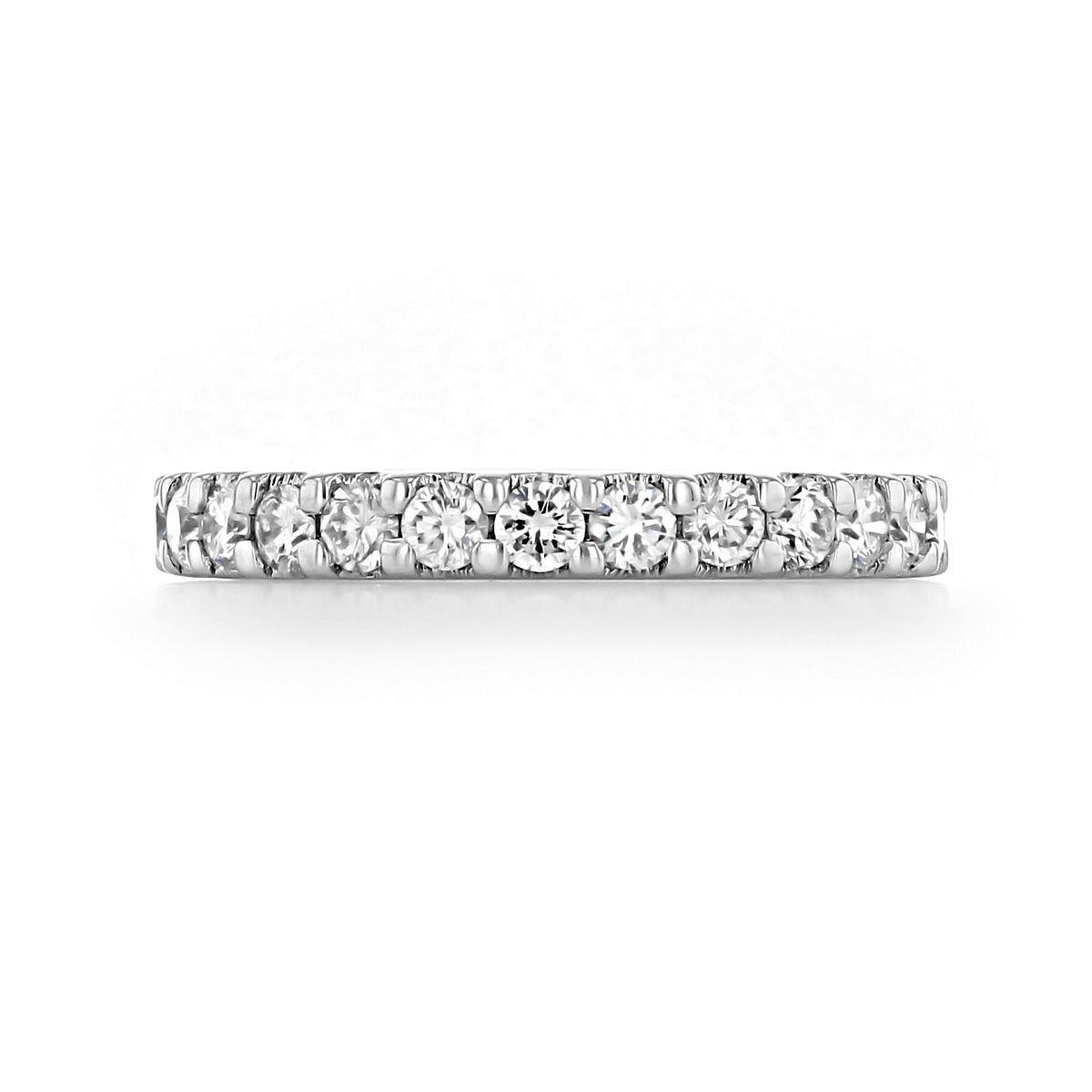 Icing On The Ring Eterna prong-set round diamond eternity band in platinum featuring a continuous row of diamonds in a prong setting.