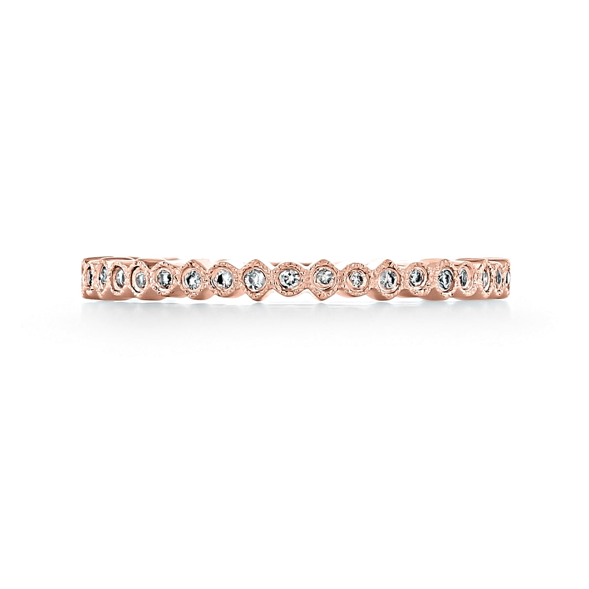 Terra | Round Bezel-Set Diamond Wedding Band in rose gold, featuring a continuous row of round diamonds, each set in a scalloped, milgrain-detailed bezel.