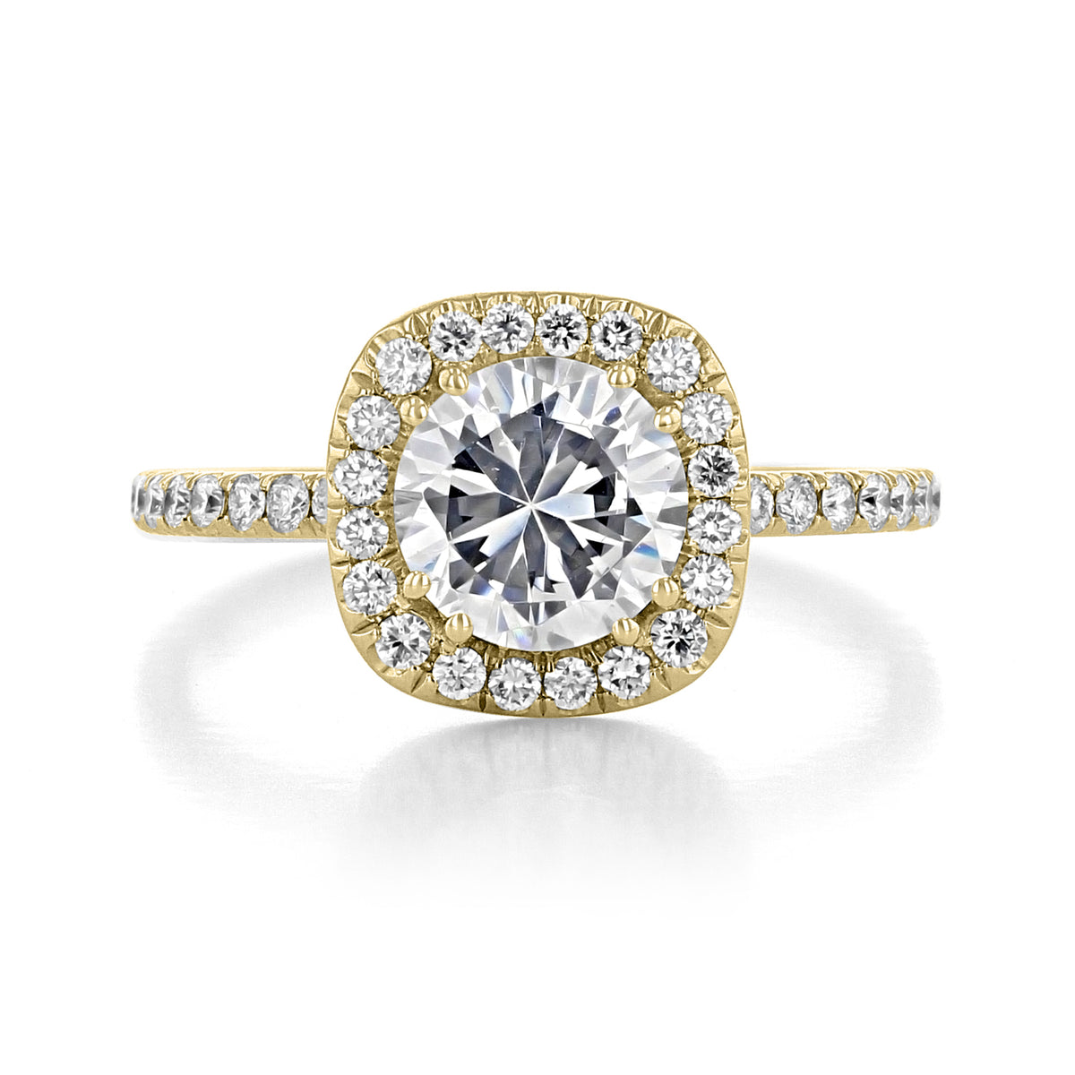 Danhov Per Lei | Halo Engagement Ring - LE102-CU featuring a round-cut stone, a cushion-shaped halo, and micro-prong set diamonds along the gold band.