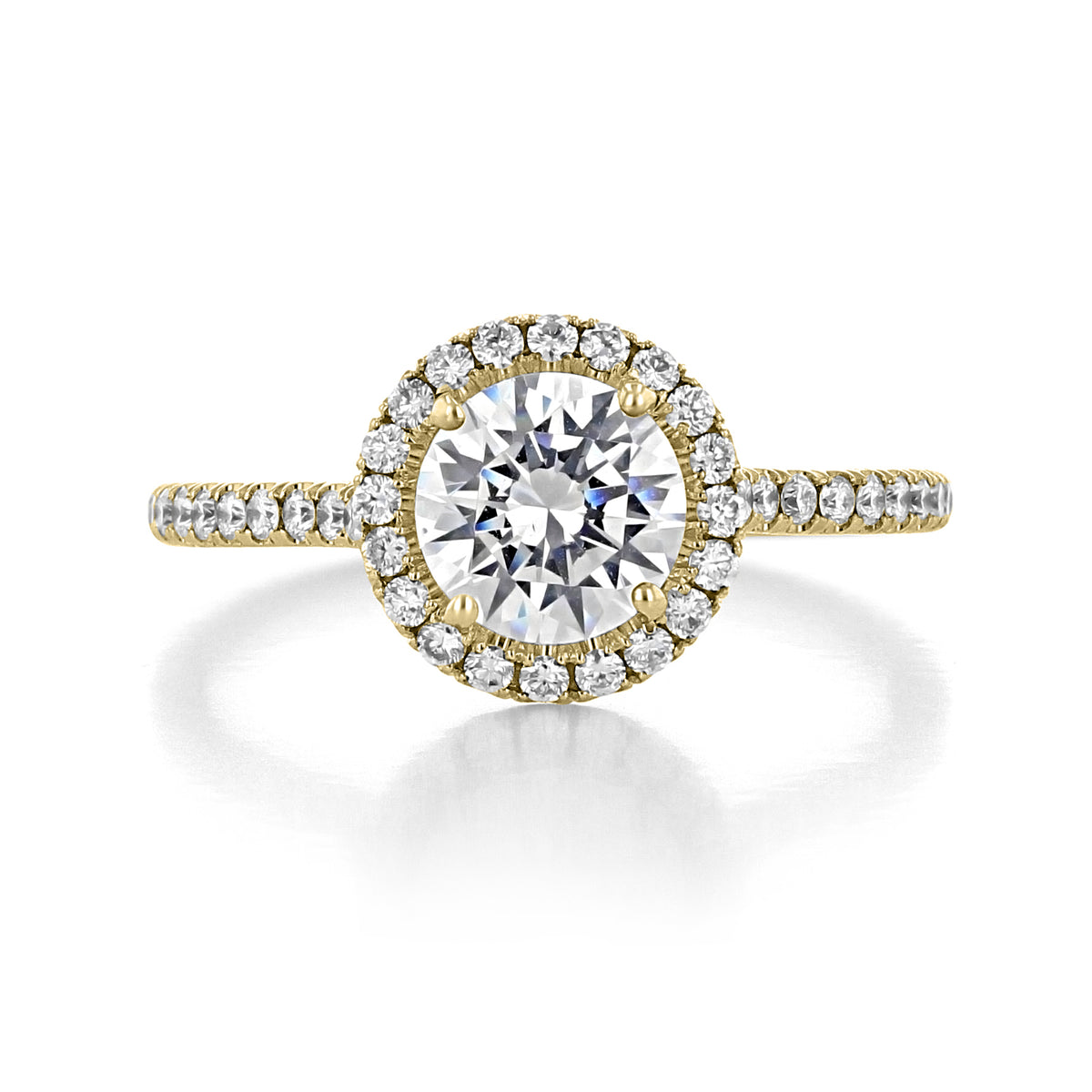 Per Lei | Halo Engagement Ring - LE112 yellow gold Danhov ring featuring a round center diamond surrounded by pavé-set diamonds on the setting and band.