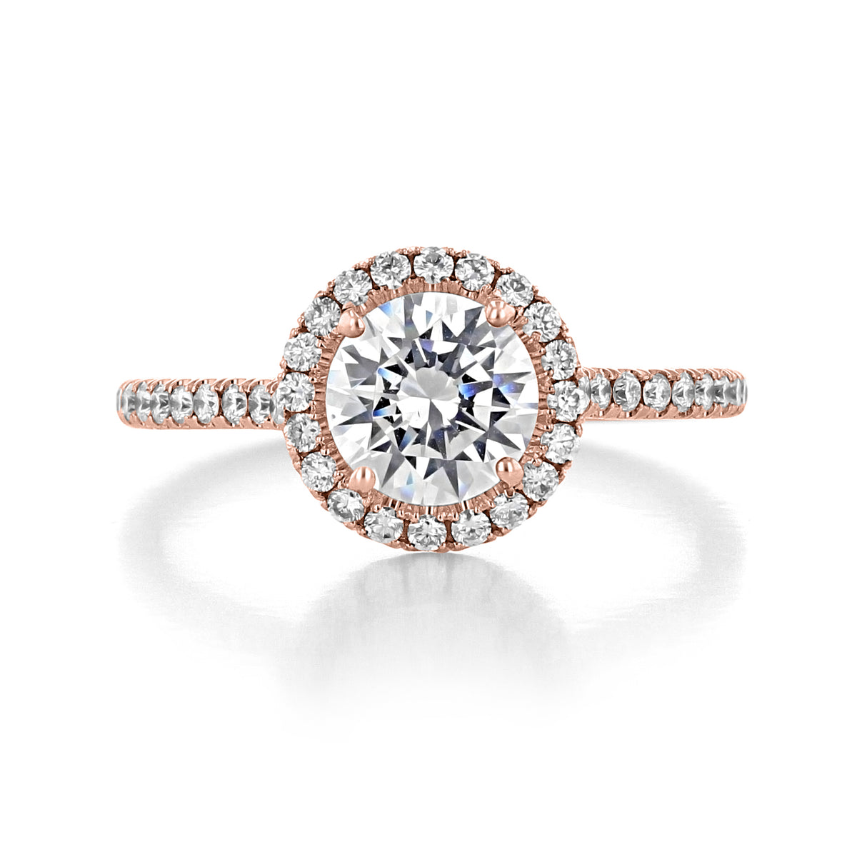 Danhov Per Lei | Halo Engagement Ring - LE112 in rose gold featuring a round center stone surrounded by pavé-set diamonds along the band.
