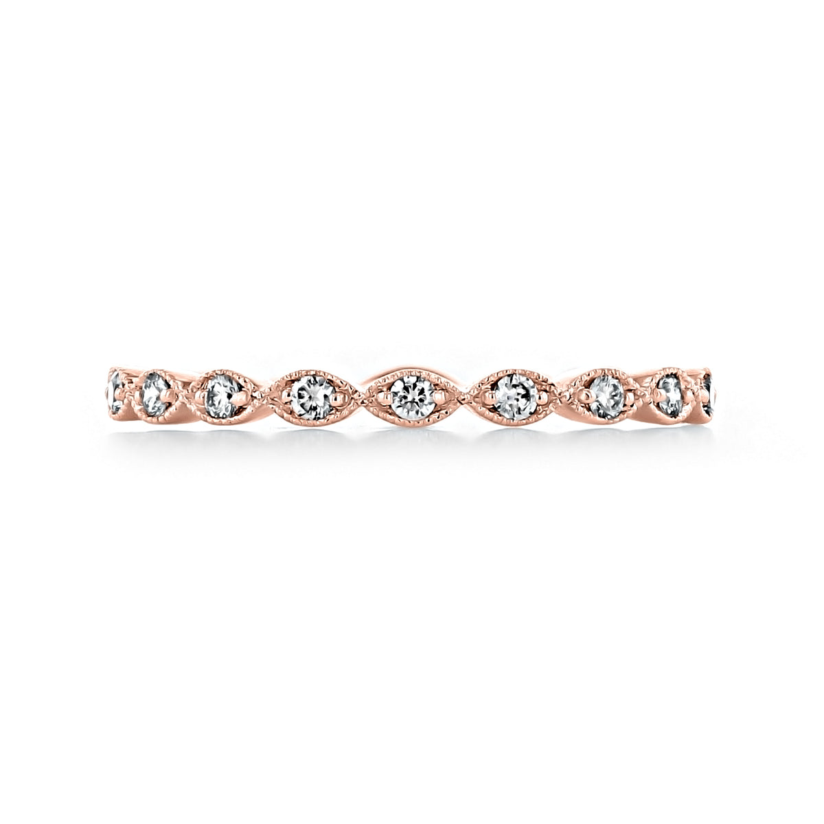 The Orla 2.5mm Marquise Pavé-Set Diamond Wedding Band in rose gold features a row of marquise-shaped settings, each containing a small round diamond.