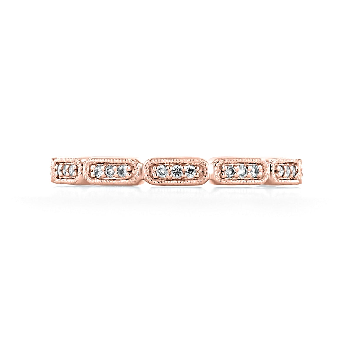 Coretta | Pavé-Set Diamond Wedding Band in rose gold, featuring a series of rectangular, milgrain-accented settings, each containing small pavé-set diamonds.