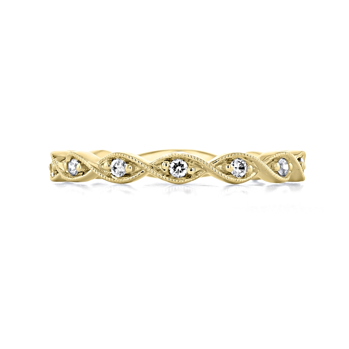 Orla 2.0mm Marquise Pavé-Set Diamond Wedding Band in gold, featuring a twisted, vine-like design with pavé-set, marquise-shaped settings each holding a round diamond.