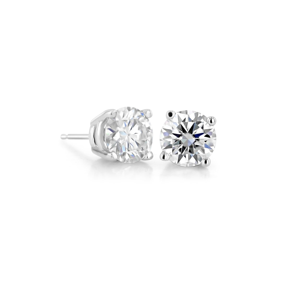 A pair of round-cut 2.00ct Moissanite Stud Earrings set in White Gold | MST65 in white gold settings.