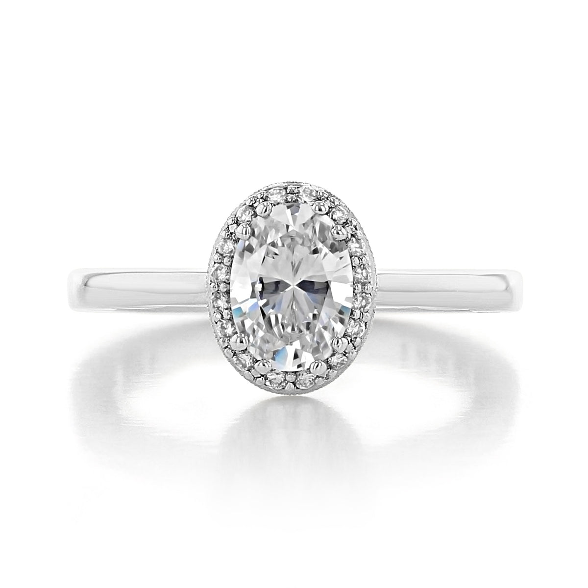 Tacori Coastal Crescent | Oval Solitaire Engagement Ring - P101OV75X55 with an oval-cut diamond in a pavé halo setting on a plain metal band.