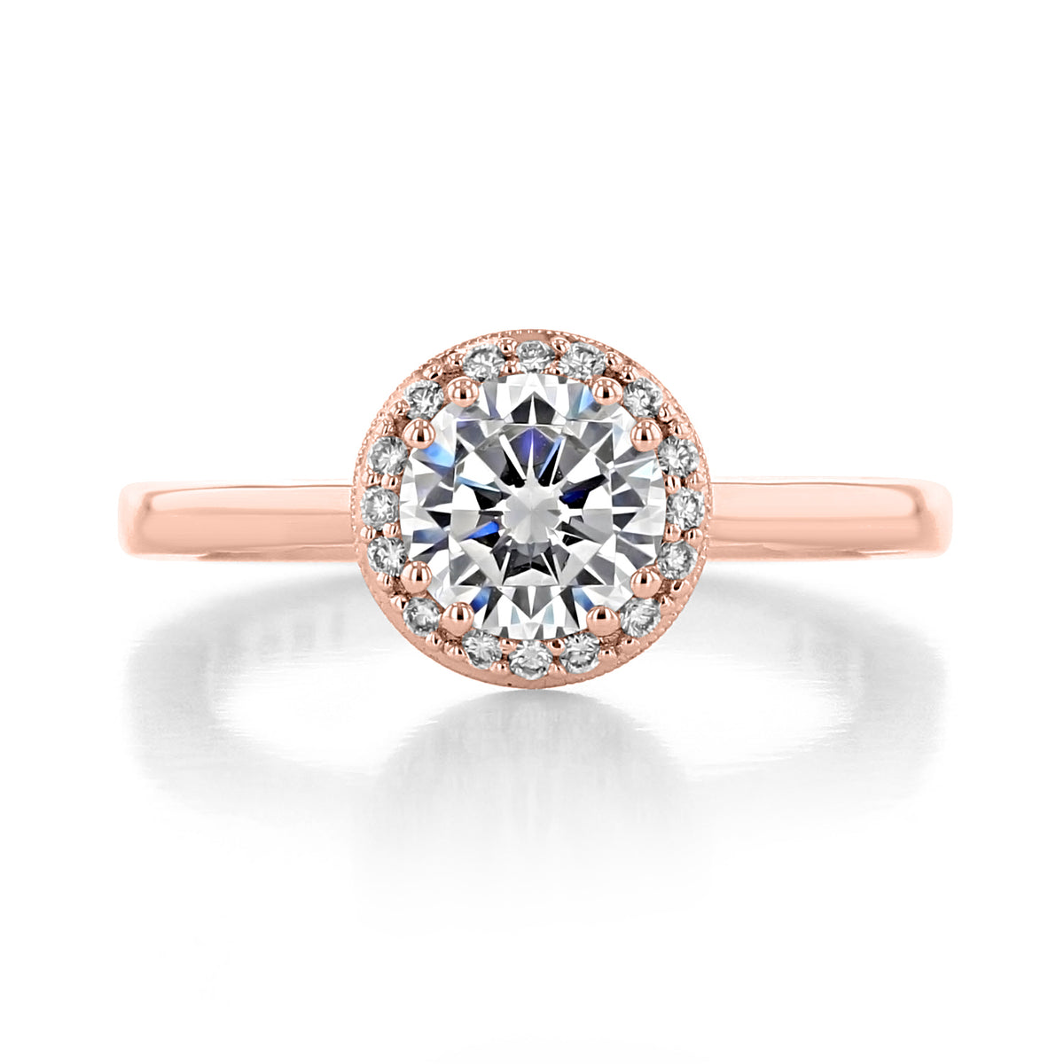 Rose gold Coastal Crescent | Round Solitaire Engagement Ring - P101RD65PK featuring a round center diamond surrounded by a pavé halo.