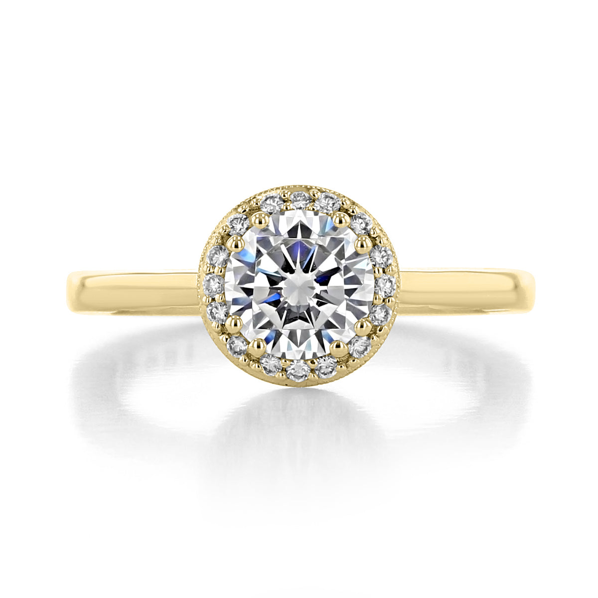 Coastal Crescent | Round Solitaire Engagement Ring - P101RD65Y gold engagement ring featuring a round-cut solitaire diamond surrounded by a halo of smaller diamonds.