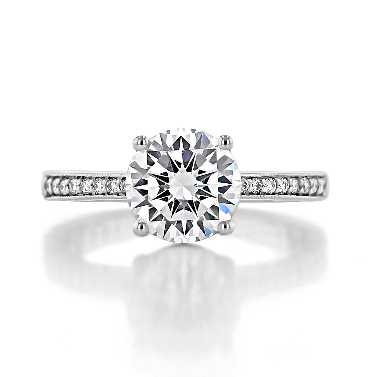 A Coastal Crescent | Round Solitaire Engagement Ring - P1022RD8 featuring a round-cut diamond solitaire on a vintage-inspired band with pavé-set diamonds.
