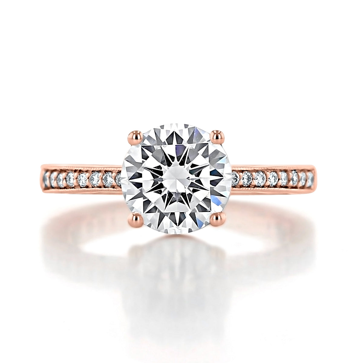 Coastal Crescent Round Solitaire Engagement Ring - P1022RD8PK in rose gold with a vintage-inspired, pavé-set diamond band.