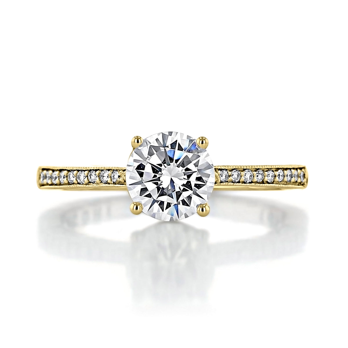 Coastal Crescent | Round Solitaire Engagement Ring - P102RD65Y featuring a round solitaire diamond on a yellow gold band with pavé-set side diamonds.