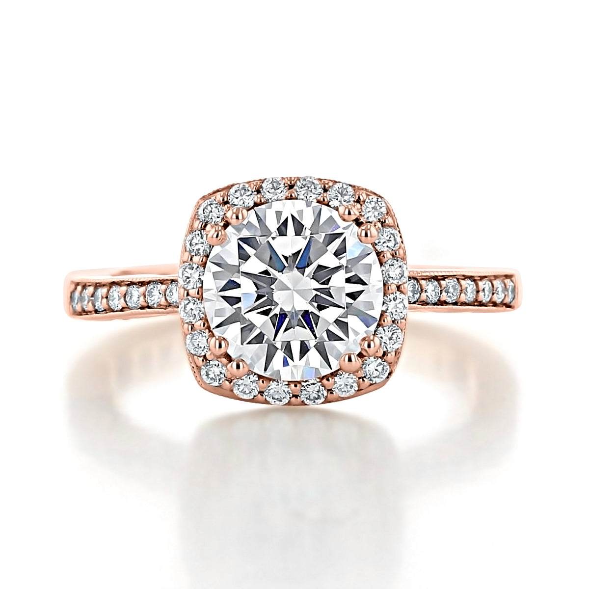Coastal Crescent | Cushion Solitaire Engagement Ring - P1032CU8PK in rose gold featuring a cushion-shaped bloom, diamond halo, and pavé-set band.