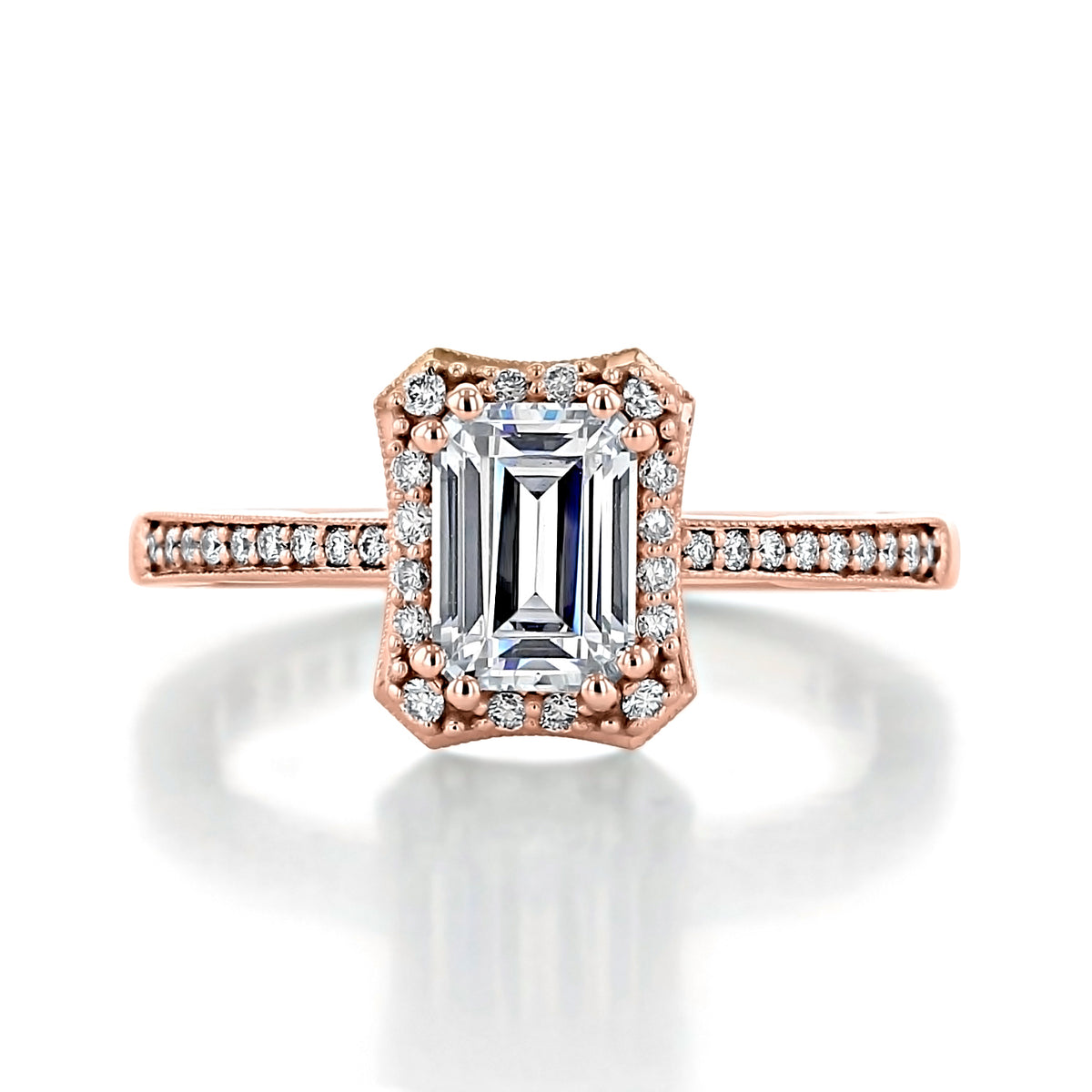 Tacori Coastal Crescent | Emerald Solitaire Engagement Ring - P103EC7X5PK in rose gold, featuring an emerald-shaped diamond center stone, a diamond halo, and additional diamonds set along the band.