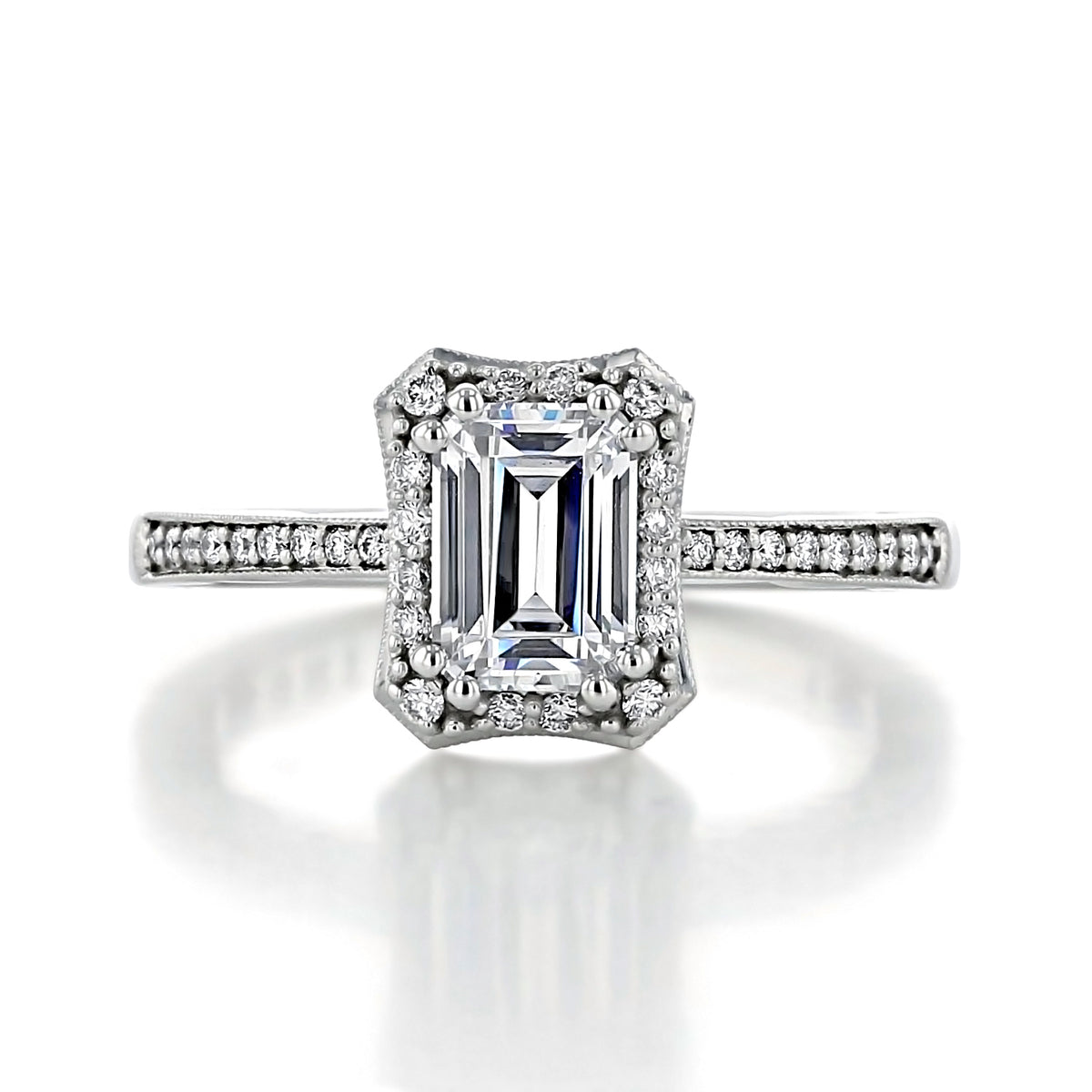 Tacori Coastal Crescent | Emerald Solitaire Engagement Ring - P103EC7X5 featuring an emerald-cut solitaire diamond with a halo and pave-set diamonds along the vintage-style band.
