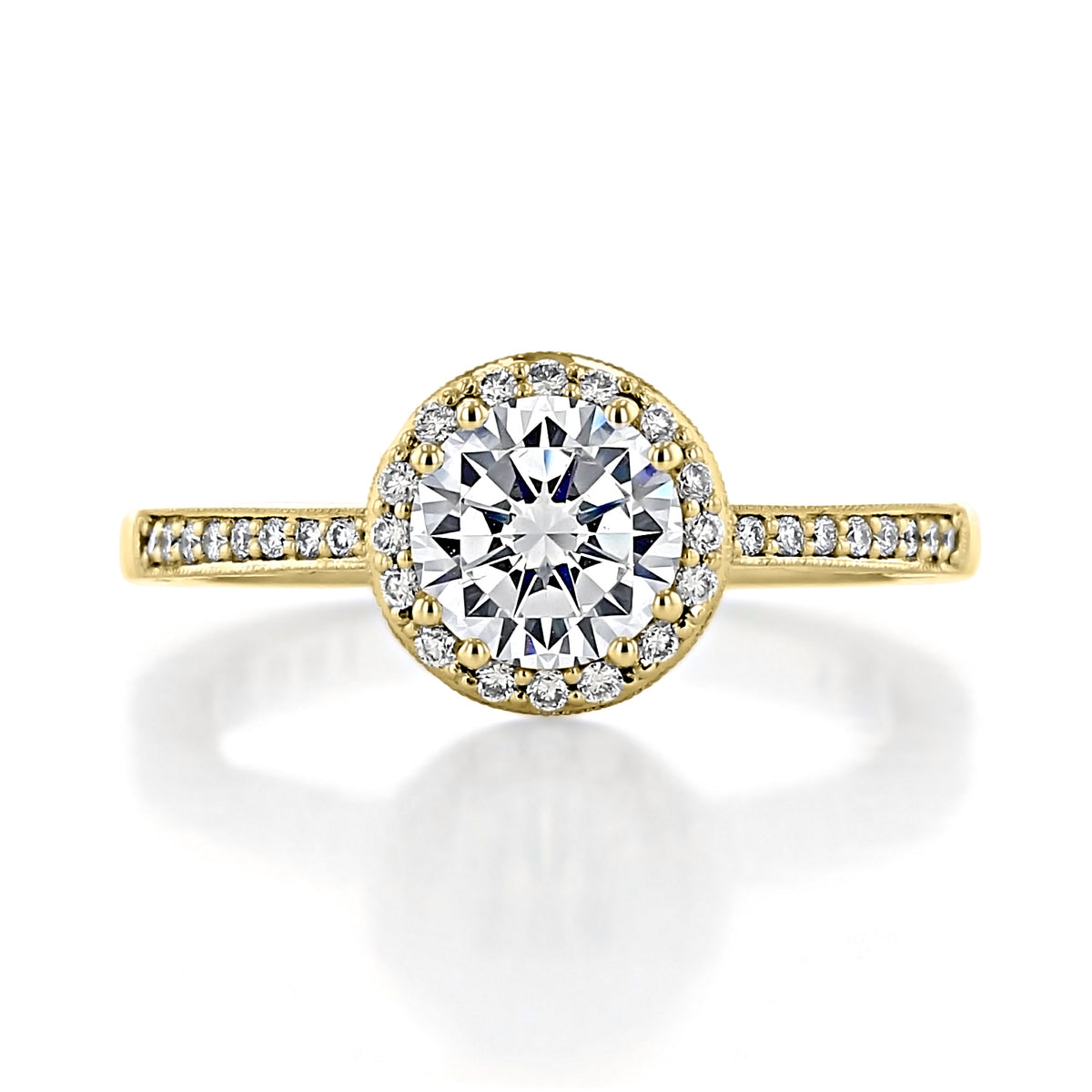Yellow gold Coastal Crescent | Round Solitaire Engagement Ring - P103RD65Y featuring a round center stone surrounded by a diamond halo and pavé-set diamonds along the band.