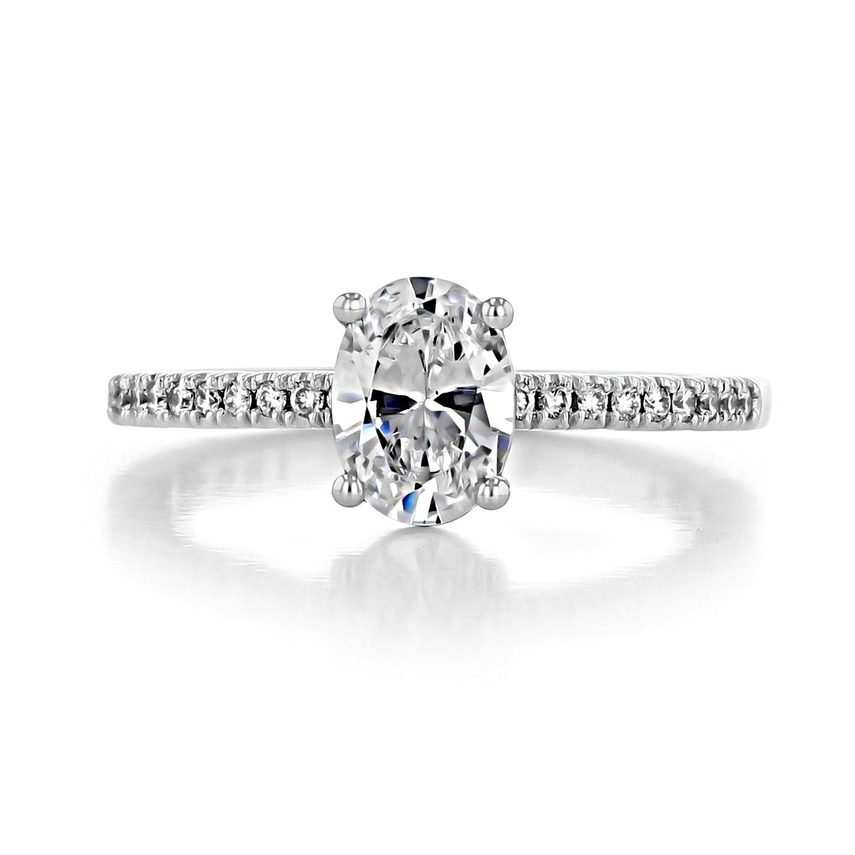 Coastal Crescent | Oval Solitaire Engagement Ring - P104OV75X55W featuring an oval-cut diamond solitaire on a silver-toned pavé-set band.
